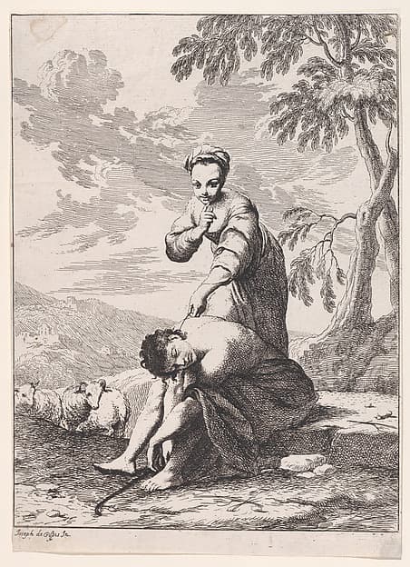 A young girl with a sleeping shepherd