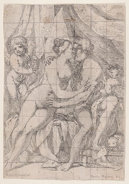 Venus and Mars embracing with a putto to either side