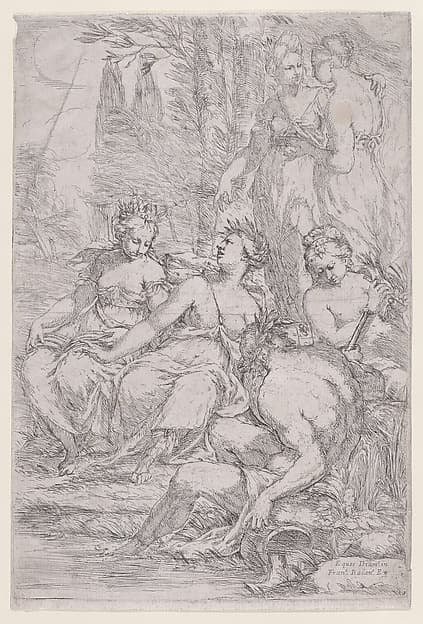 Five muses and a seated river god