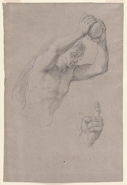 Double-sided sheet of Figural Studies: (recto) Studies of a Young Man Holding a Stone Seen in Half-length; (verso) Seated Young Man Seen in Three-quarter View from Behind, Facing Right.