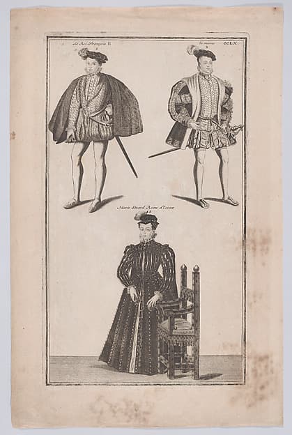 Mary, Queen of Scots below two portraits of Francis II, King of France in costume