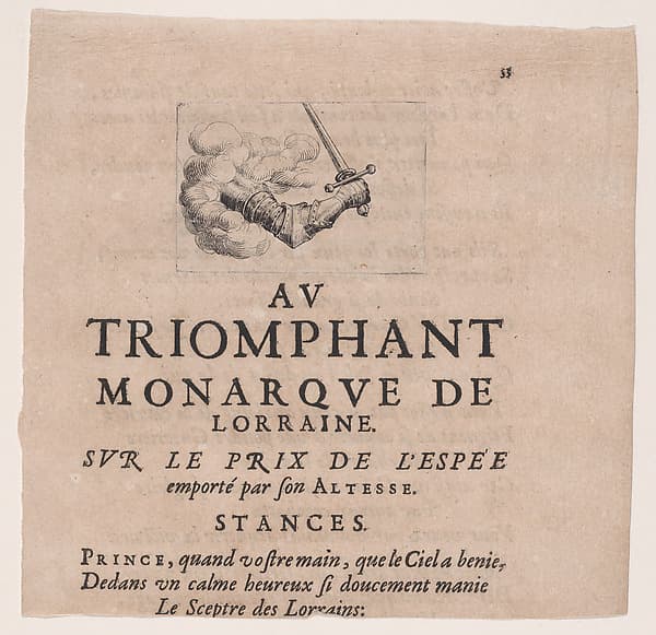 Arm Emerging from a Cloud Holding a Sword, from Le Combat a la Barrière in the Palace at Nancy by Henri Humbert, printed by Sebastien Phillipe