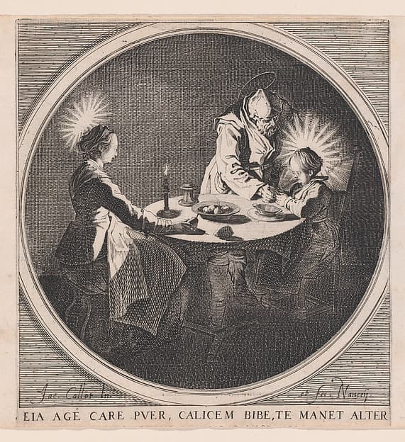 Le Benedicite, estampe appelée aussi La Sainte Famille a Table et St. Joseph Faisant Boire L'Enfant Jésus (The Grace, also called The Holy Family at the Table and St. Joseph Giving the Christ Child a Drink)