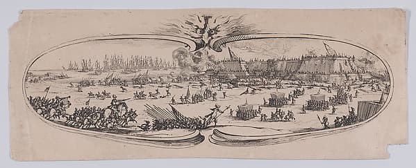 Border at Lower Left: L'Assault Genéral des Anglais a la Citadelle (The Assault of the English General on the Citadel), from an etching on six plates of a central battle scene framed by ten additional plates, entitled Siège de la Citadelle de St-Martin dans l'Île de Ré (Siege of the Citadel of St. Martin on the Île de Ré)