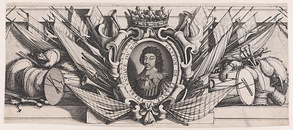 Border at Bottom Center: Portrait of Gaston of France in an Ornamental Border, from a group of sixteen plates originally mounted as a single sheet, entitled Siège de La Rochelle (The Seige of La Rochelle)
