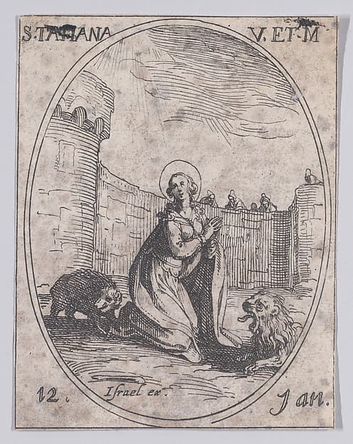 Ste. Tatienne, vierge et martyre (St. Tatiana, Virgin and Martyr), January 12th, from "Les Images De Tous Les Saincts et Saintes de L'Année" (Images of All of the Saints and Feast Days of the Year)
