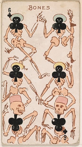 Six of Clubs, Bones, from Harlequin Cards, 2nd Series (N220) issued by Kinney Bros.