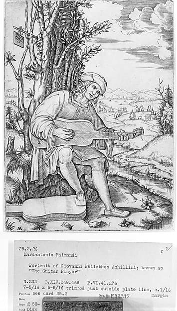 Portrait of Jean-Philotée Achillini: seated man playing guitar on hill near tree, landscape with small town in background