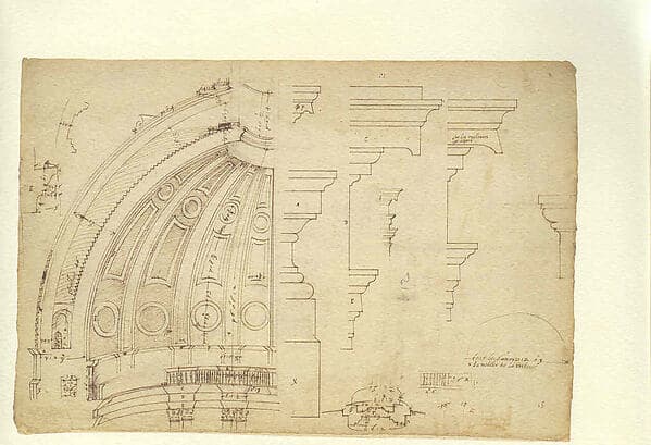 Half-Section of the Model of the Attic and Dome of Saint Peter's Basilica as Conceived by Michelangelo (recto); Detail Studies Relating to the Plan, Section, and Elevation of the Dome of Saint Peter's Basilica (verso).