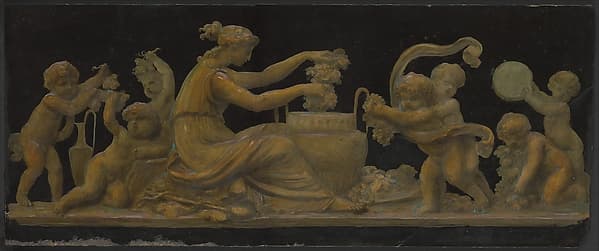 Nymph and Putti in a Vintage Scene; Nymph with a Wreath and Putti with Garlands of Flowers