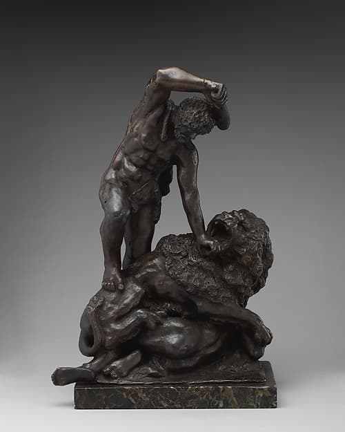 Two Men Fighting a Lion