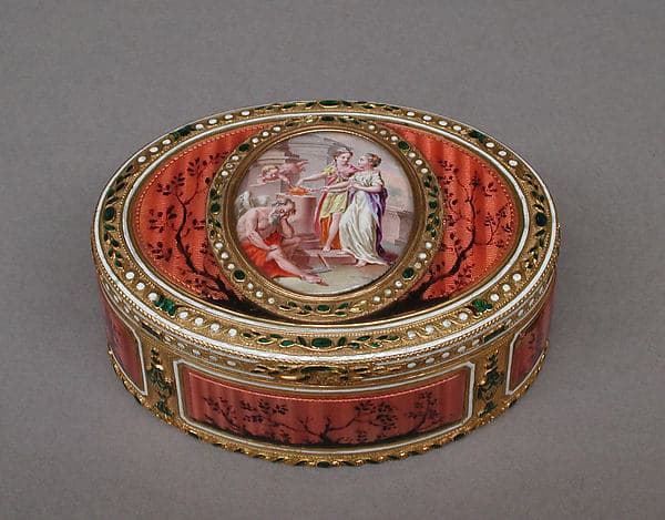Snuffbox with scene of two maids and cupid at altar of love