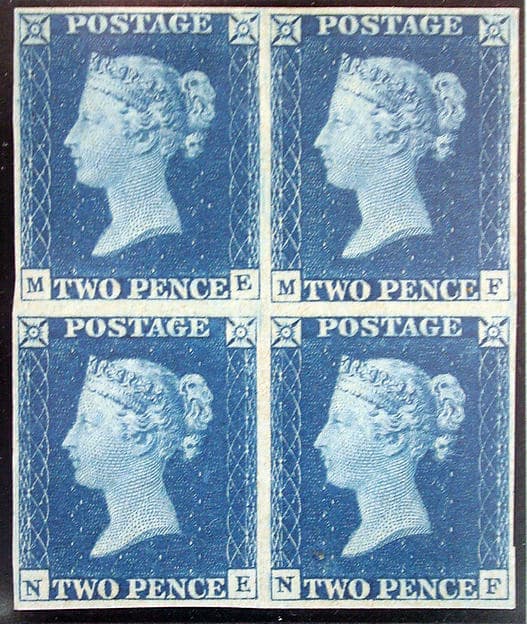 Unused block of four "Two Penny Blue" postage stamps of Queen Victoria