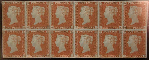 Unused block of twelve "Penny Red Brown" postage stamps of Queen Victoria