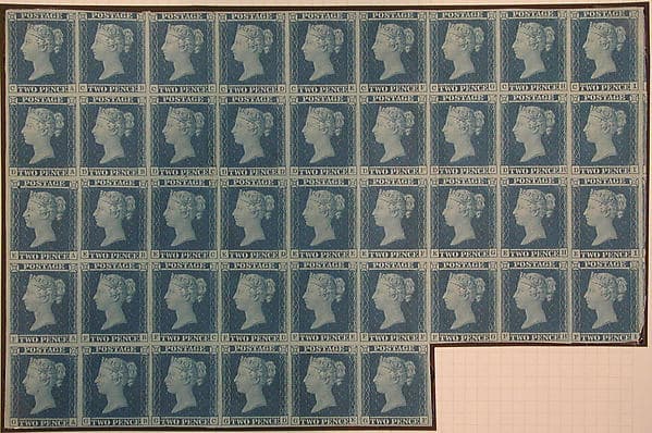 Unused block of forty-two "Two Penny Blue" postage stamps of Queen Victoria