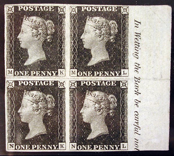 Unused block of four "Penny Black" postage stamps of Queen Victoria
