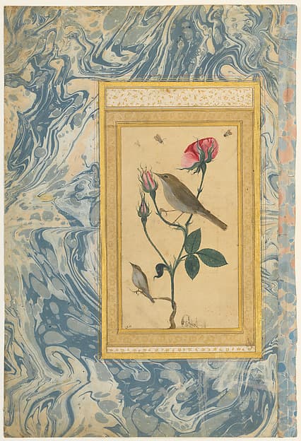 "Two Nightingales in a Rose Bush", Double-Sided Illustrated Leaf from an Ottoman Album