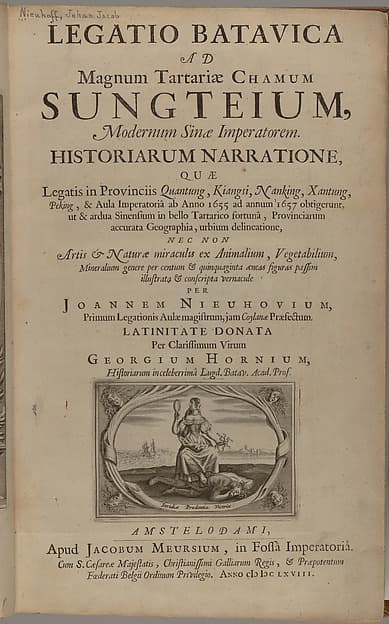 Legatio batavica ad magnum Tartariæ chamum Sungteium, modernum Sinæ imperatorem : historiarum narratione, quæ legatis in provinciis Quantung, Kiangsi, Nanking, Xantung, Peking, & aula imperatoriâ ab anno 1665 ad annum 1657 obtigerunt, ut & ardua Sinensium in bello tartarico fortunâ, provinciarum accurata geographia, urbium delineatione, nec non artis & naturæ miraculis ex animalium, vegetabilium, mineralium genere per centum & quinquaginta æneas figuras passim illustrata & conscripta vernacule