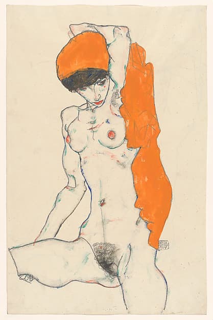 Standing Nude with Orange Drapery (recto): Study of Nude with Arms Raised (verso)