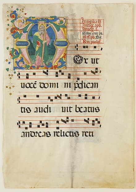 Manuscript Leaf with the Feast of Saint Andrew in an Initial M, from an Antiphonary