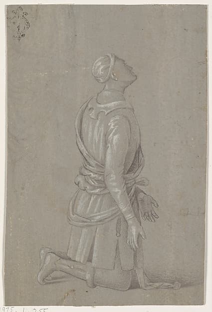 A Kneeling Man in Fifteenth-Century Costume (recto); a small, fragmentary sketch of a recumbant boy, probably by a later hand (verso)