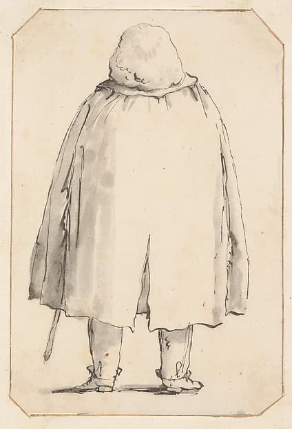 Caricature of a Man in a Voluminous Cloak, Carrying a Walking Stick, Seen from Behind
