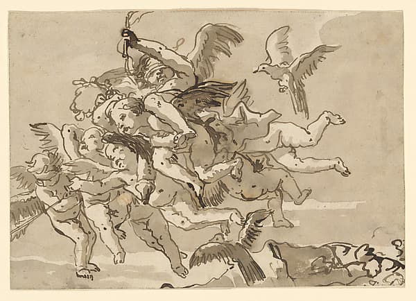 Cupid Blindfolded, Carried Through the Sky by Seven Winged Putti