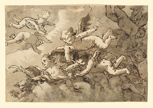 A Flock of Winged Cherubs in the Sky, One Holding a Martyr's Palm