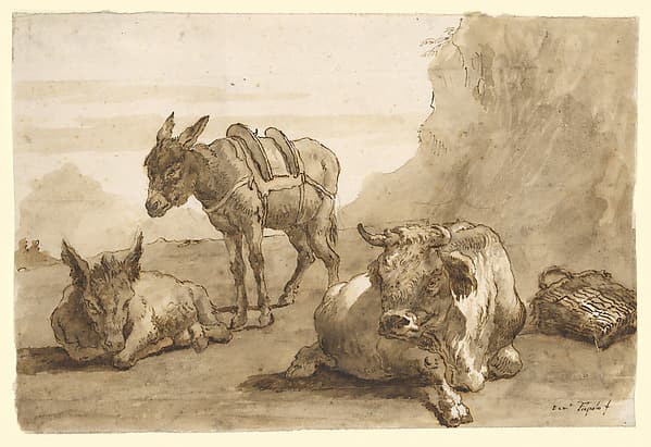 A Bull Lying Down, and Two Donkeys, in a Landscape