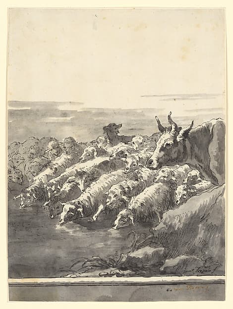 A Flock of Sheep Drinking at a Pool, with a Bullock and a Dog