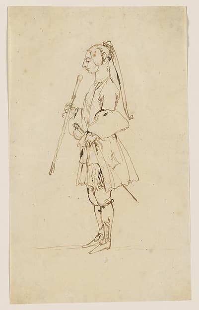 Man with a Long Pigtail and a Stick, Standing in Profile to the Left