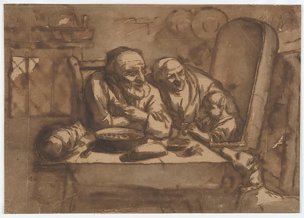 Old Couple with a Child Playing a Pipe