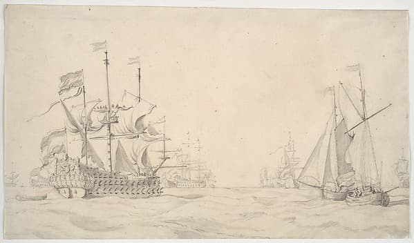 A Large Dutch Ship with a Fleet at Sea and Two Small Vessels