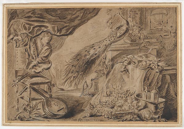 Still Life of Fruit, Musical Instruments, and Venison, with a Young Man at the Left