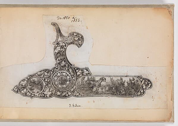 Album of Firearms Ornament Containing Approximately Five Hundred and Forty Inked Impressions of Engraved Firearms Locks and Mounts, and Forty-Two Original Pen and Ink Designs on Forty Double-Sided Leaves