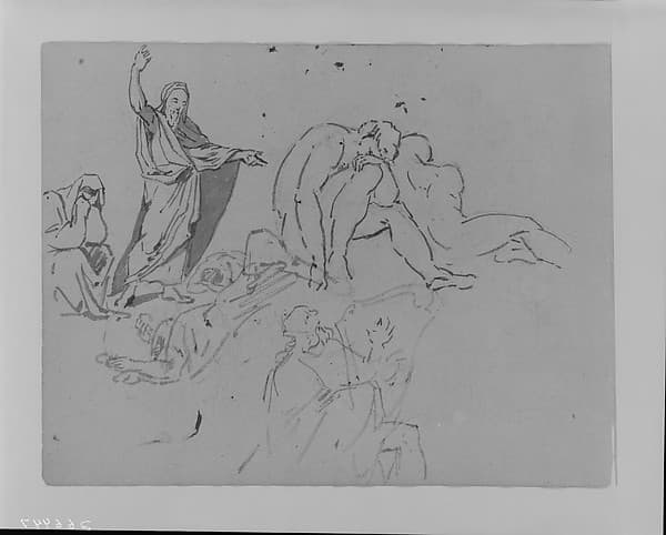 Man Preaching with Upraised Arm, Two Male Nudes, Man Playing Harp (from Sketchbook)
