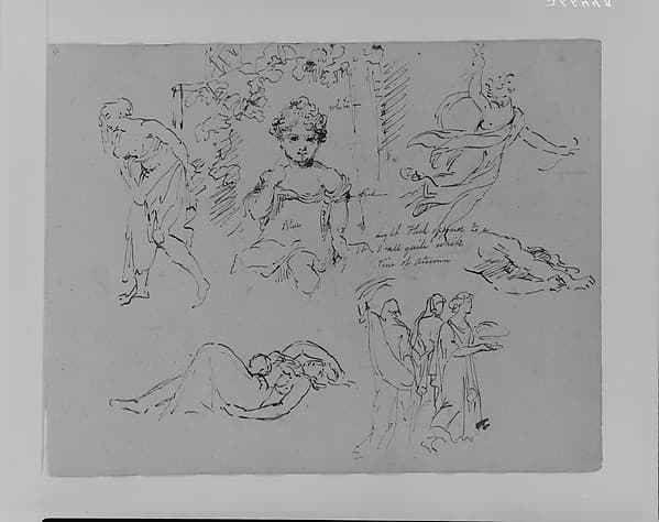 Portrait of Girl in Flower Bower, Walking Draped Female Figure, Angel, Dead Mother and Child, Three Draped Figures (from Sketchbook)
