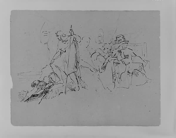 Man and Dog Overlooming Distant Landscape; Seated Man Collapsing, Attended by Three Figures (from Sketchbook)