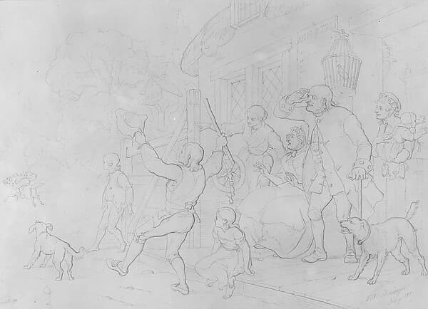 Illustration to William Cowper's Poem "The Diverting History of John Gilpin": John Gilpin's Neighbors Cheer His Speedy Departure from Town as His Horse Runs Away with Him