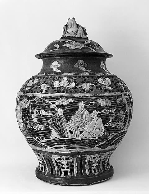 Covered jar with immortals