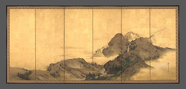 森周峰筆 楼閣山水図屏風|Landscape with Pavilion