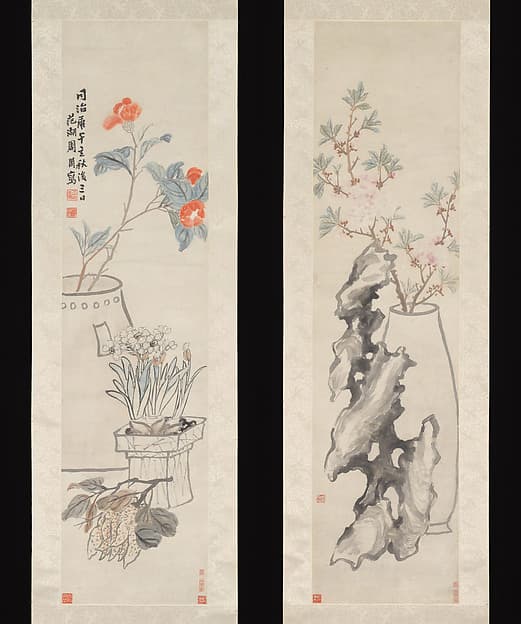 清 周存伯 花卉對屏 軸|Flowers: (a) Peach-blossom and Spiritual Stone; (b) Camellia, Narcissus and Buddha's Hand