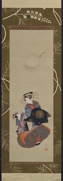 Beauty of the Yoshiwara with Apprentice in Moonlight