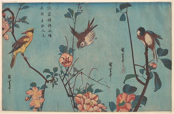 Titmouse and Camellias (right), Sparrow and Wild Roses (center), and Black-naped Oriole and Cherry Blossoms (left)