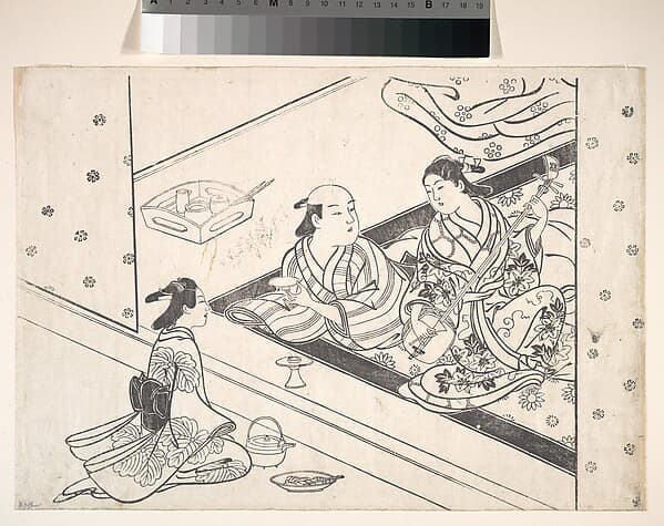 Lady Playing Shamisen, with Her Lover and Attendant Nearby