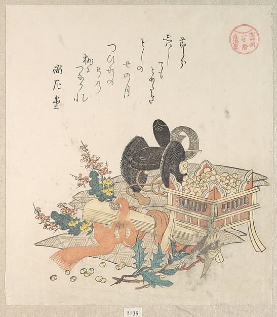 『浅草側いせ暦』 節分の悪霊ばらい『春雨集』 摺物帖 |“Beans for Tossing During Setsubun Exorcism Ceremony,” from the series Ise Calendars for the Asakusa Group (Asakusa-gawa Ise goyomi)From the Spring Rain Collection (Harusame shū), vol. 2