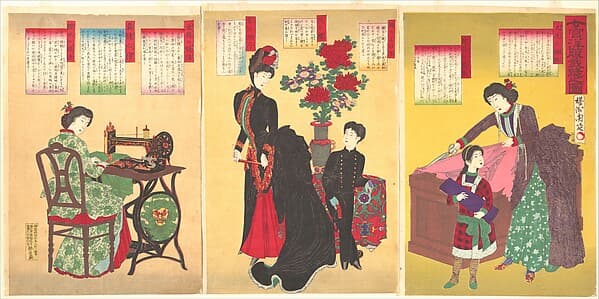 楊洲周延画 『女官洋服裁縫之図』|Court Ladies Sewing Western Clothing (Jokan yōfuku saihō no zu)