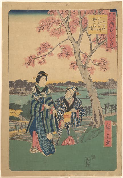 Plum-blossom viewing in the third month at Sumida River from the series Annual Events at Famous Places in the Eastern Capital (Tōto meisho nenjū gyōji sangatsu sumitagawa waka mōde)