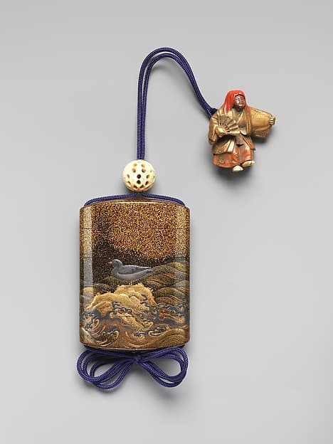 Case (Inrō) with Design of Bird on Standing on Rocks (obverse) Bird Flying above Waves (reverse)