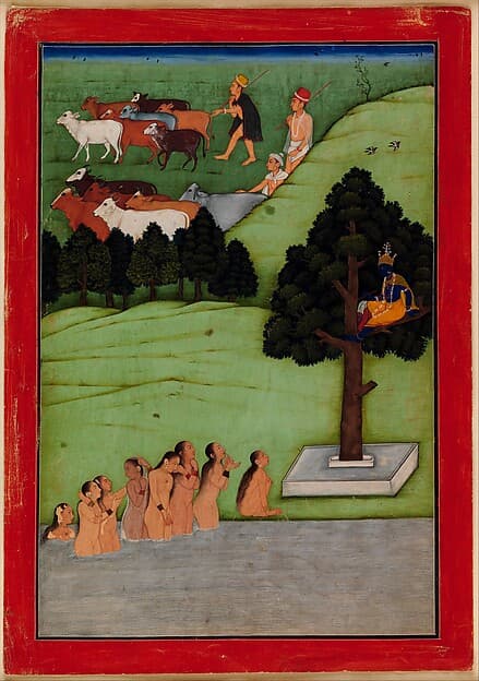 "Krishna Steals the Clothing of the Gopis (Female Cowherds)", Folio from the Devotional Text of the Bhagavata Purana